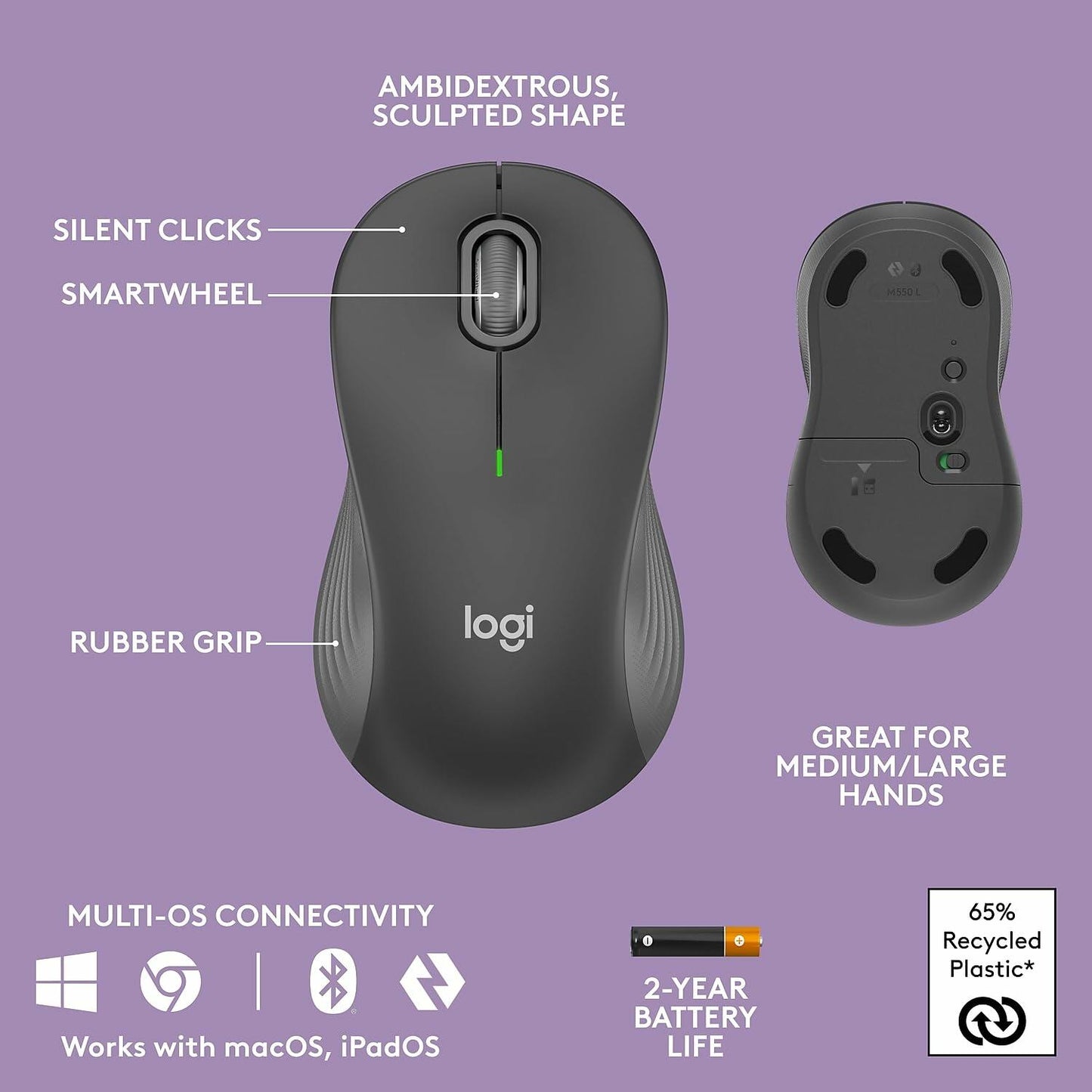 Logitech Wave Keys Combo, Wireless Ergonomic Keyboard with Signature M550 L Wireless Mouse, Graphite