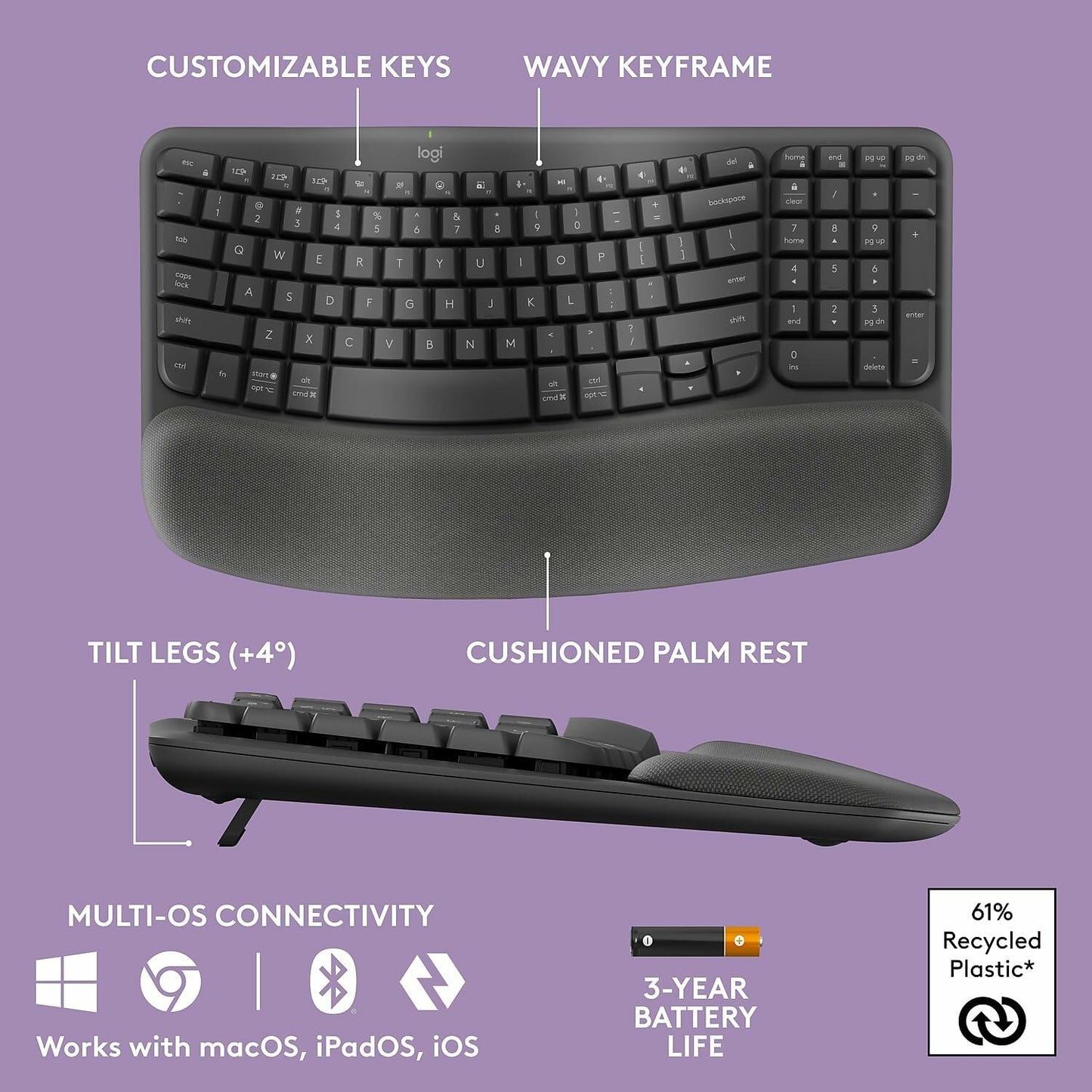 Logitech Wave Keys Combo, Wireless Ergonomic Keyboard with Signature M550 L Wireless Mouse, Graphite