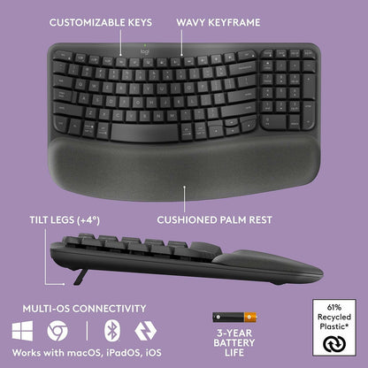 Logitech Wave Keys Combo, Wireless Ergonomic Keyboard with Signature M550 L Wireless Mouse, Graphite