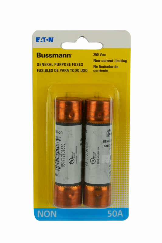 Bussmann One-Time Low-Voltage 250V, K5 Bussman BP/NON-50 50 Amp 250 Volt Fast Acting Cartridge Fuses 2 Count, Pack of 1, Standard