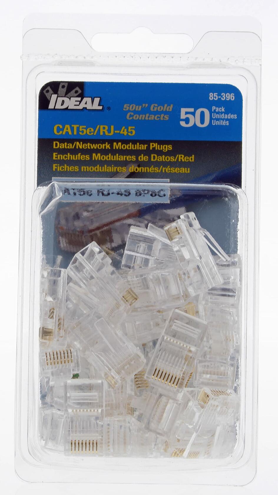 IDEAL Electrical 85-396 8P8C Modular Plugs Connector, RJ-45 Connector for CAT5e, Twisted Pair 100 MHz Cables, 50 Connectors