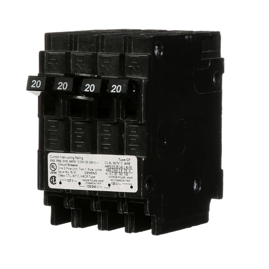 Siemens Q22020CT Triple Circuit Breaker, Plug-In, 20/20 Amps