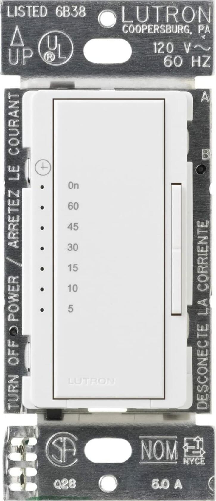 Lutron Maestro Countdown Timer Switch for Fans and Lights, 3A/150-Watt LED Bulbs, Single-Pole/Multi-Location | MA-T51MN-WH | White