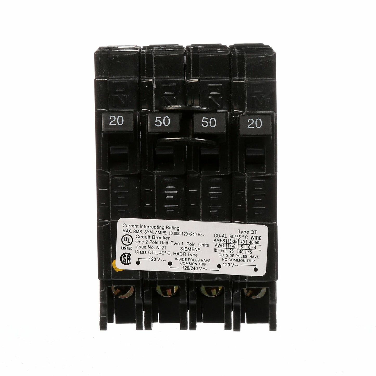 SIEMENS Q22050CT 50 Double Two 20-Amp Single Pole Circuit Breaker, Color