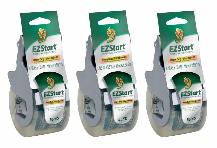 Duck EZ Start Packaging Tape, Clear Packing Tape for Mailing, Moving, Shipping & Storage, 3 Rolls with Dispensers, 1.88 in. x 55 Yd. Each (1259457)