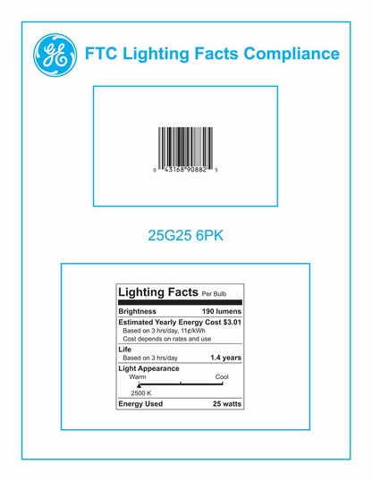 GE 12983 25-Watt G25 Globe Light Bulb, Crystal Clear