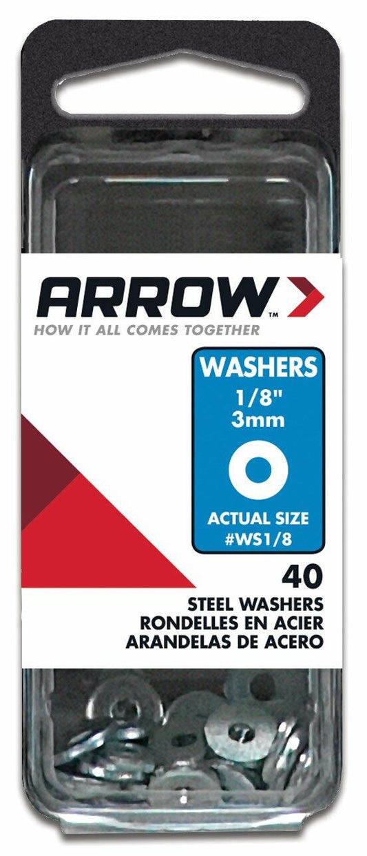 Arrow WS1/8 Steel 1/8-Inch Flat Washers for Screws, Bolts, and Rivets for Metal and Auto Repair, 40-Pack