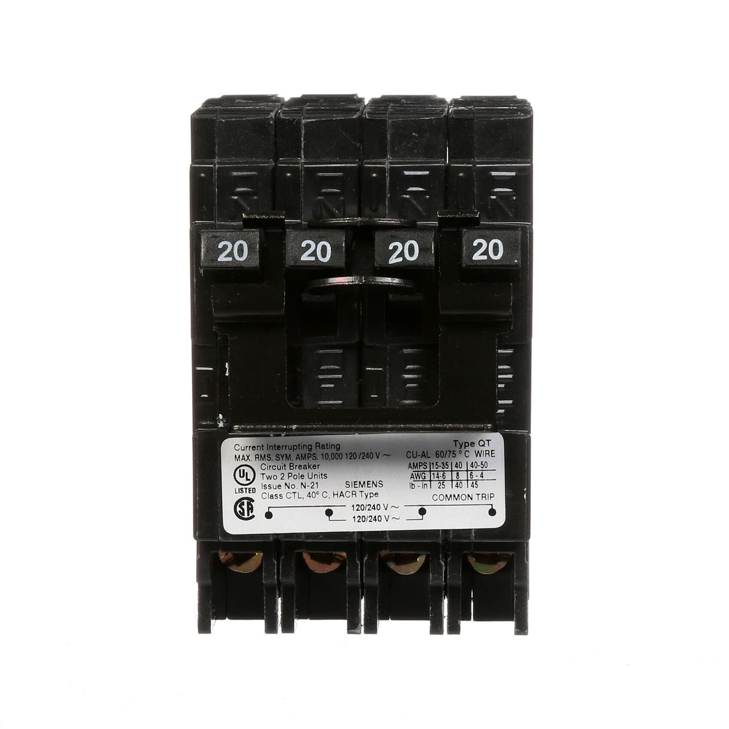 SIEMENS Q22020CT2 Two 20-Amp Double Pole Circuit Breaker, As Shown in The Image