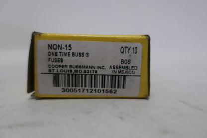 Box of 10 COOPER BUSSMANN NON-15 BUSS K5 15A AMP 250V-AC Cartridge Fuse