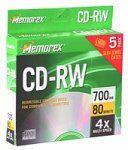 Memorex CD Rewritable Media  CD-RW  4x  700 MB  5 Pack Slim Jewel Case  Retail