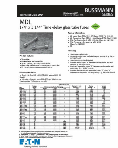 Pack of 5 Cooper Bussmann 250V 5A Time Lag Glass Tube Fuses MDL-5