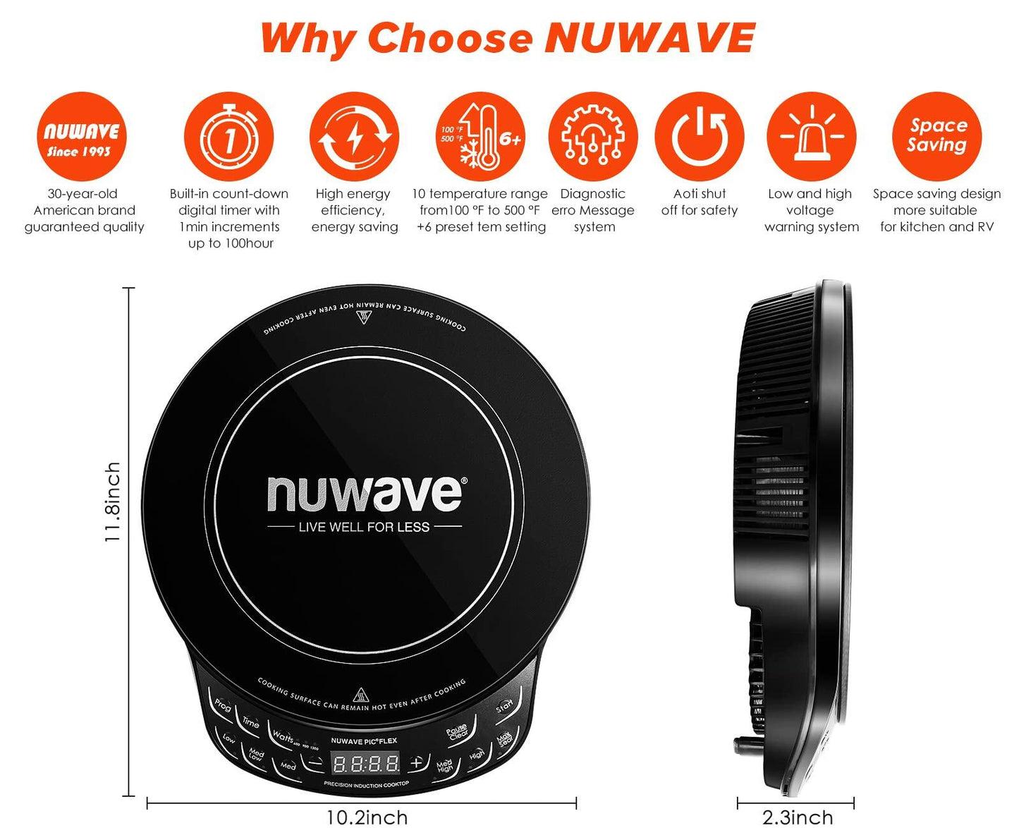 Nuwave Flex Precision Induction Cooktop, 10.25” Shatter-Proof Ceramic Glass, 6.5” Heating Coil, 45 Temps from 100°F to 500°F, 3 Wattage Settings 600, 900 & 1300 Watts, Black