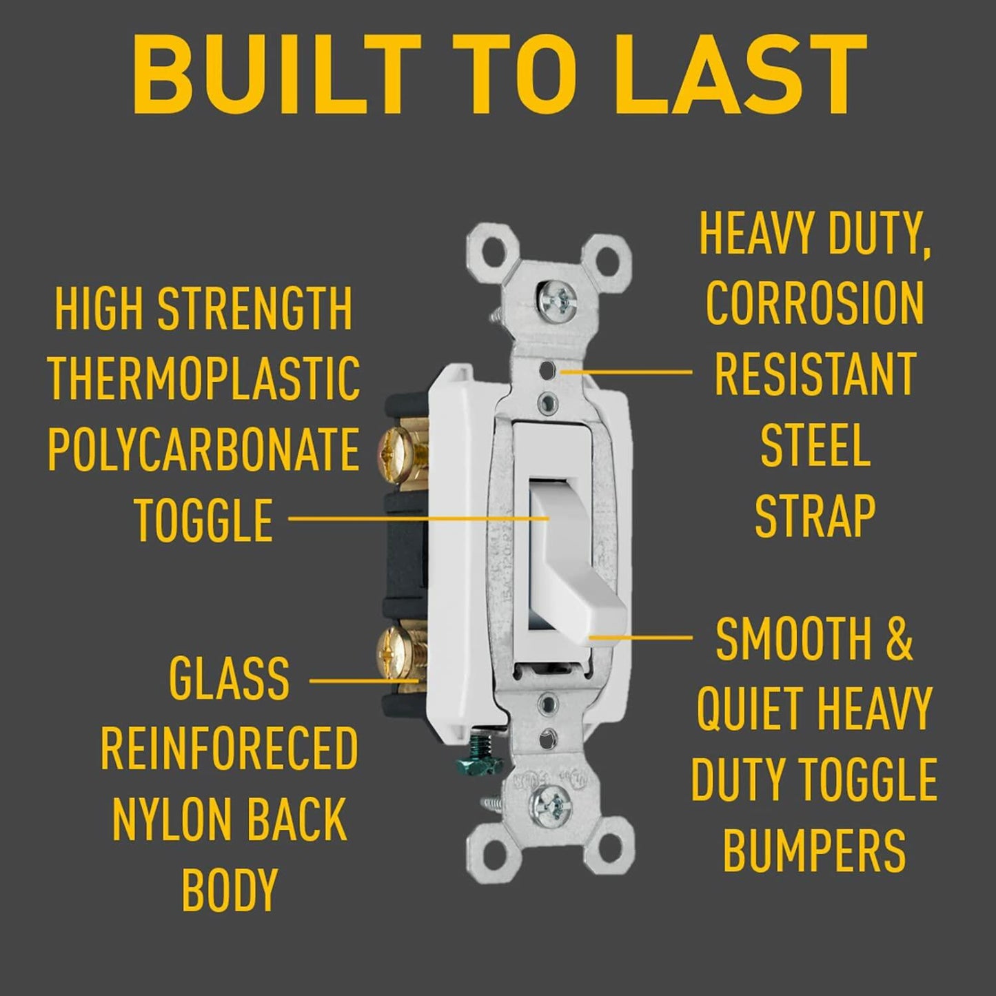 Legrand Pass & Seymour CS15AC3WCC8 15 Amp 120/277V Commercial Specification Grade Toggle Switch, 3-Way, Side Wire, White (1 Count)