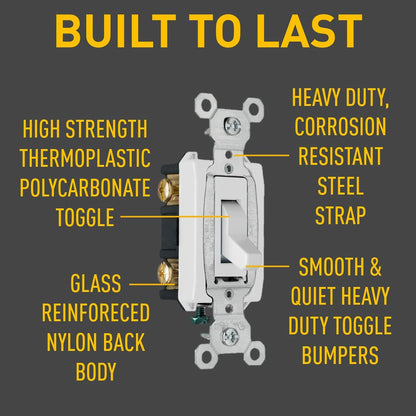 Legrand Pass & Seymour CS15AC3WCC8 15 Amp 120/277V Commercial Specification Grade Toggle Switch, 3-Way, Side Wire, White (1 Count)