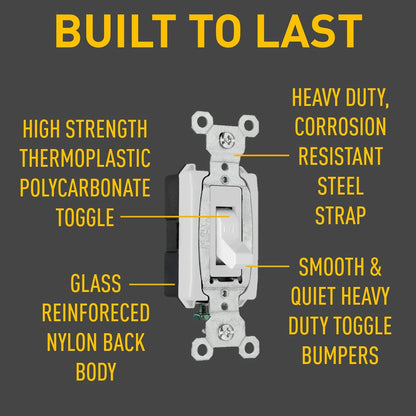 Legrand Pass & Seymour CSB20AC1WCC8 20 Amp 120/277V Hard Use Specification Grade Toggle Switch, Single Pole, Back and Side Wire, White (1 Count)