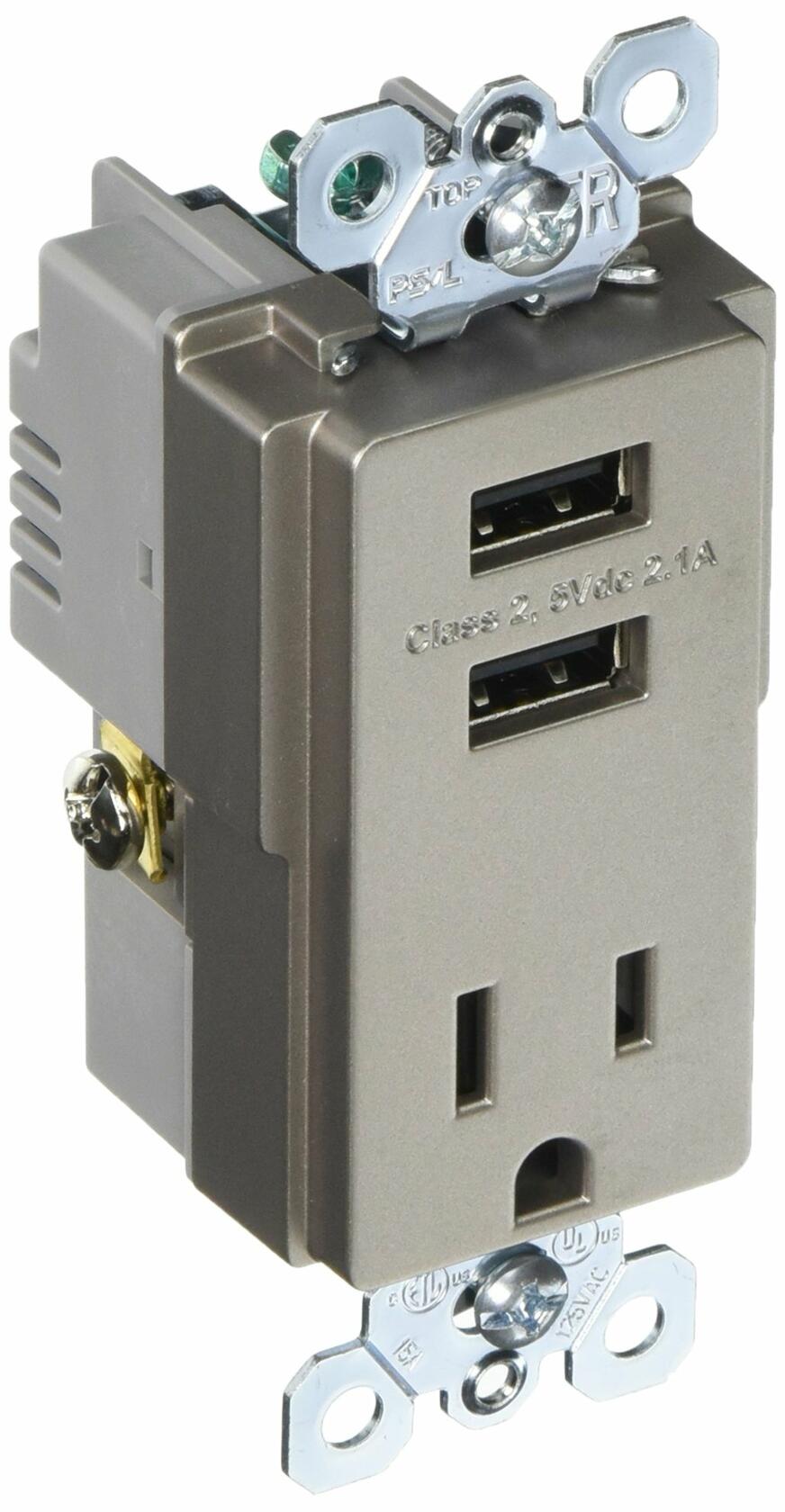 PASS & SEYMOUR TM8USBNICC6 Nickel 15A Combo USB Charger