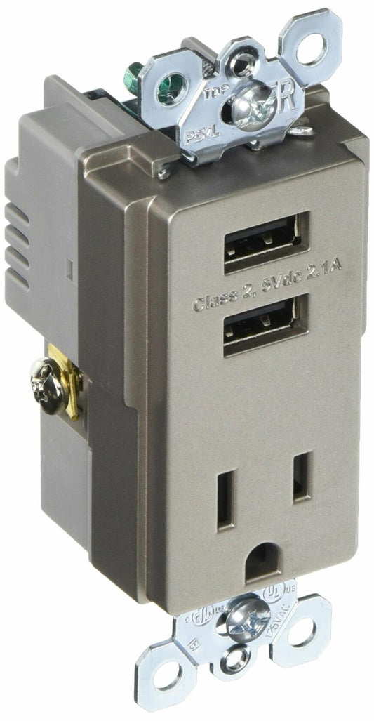 PASS & SEYMOUR TM8USBNICC6 Nickel 15A Combo USB Charger