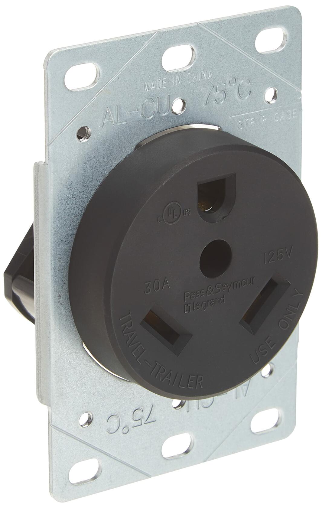 Legrand Pass & Seymour 3830CC6 30 Amp 125V 2 Pole 3 Wire Travel Trailer Power Outlet Flush Receptacle for RV, NEMA TT30, Black (1 Count)
