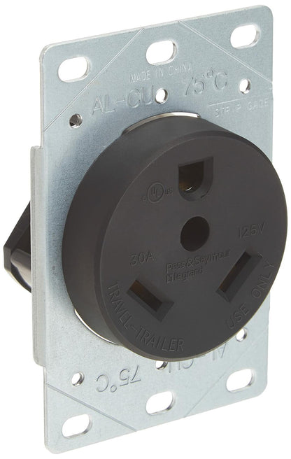Legrand Pass & Seymour 3830CC6 30 Amp 125V 2 Pole 3 Wire Travel Trailer Power Outlet Flush Receptacle for RV, NEMA TT30, Black (1 Count)