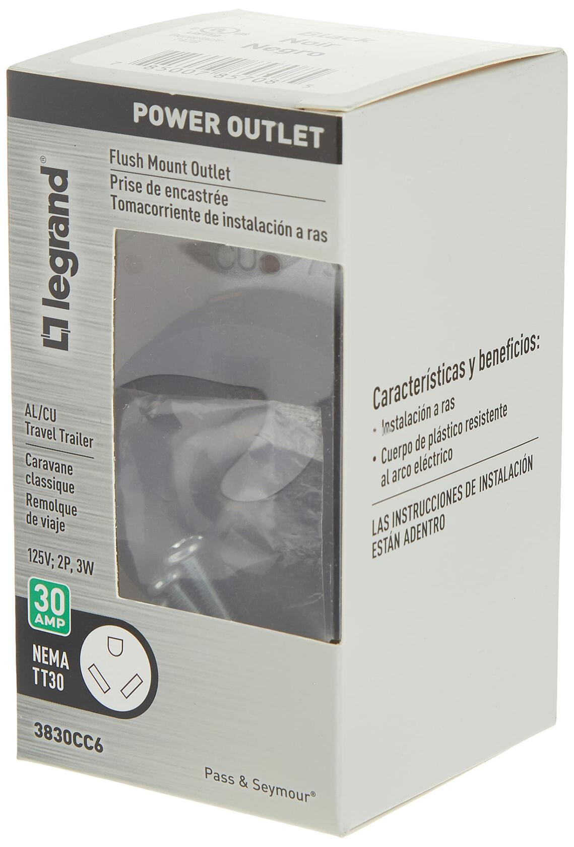 Legrand Pass & Seymour 3830CC6 30 Amp 125V 2 Pole 3 Wire Travel Trailer Power Outlet Flush Receptacle for RV, NEMA TT30, Black (1 Count)