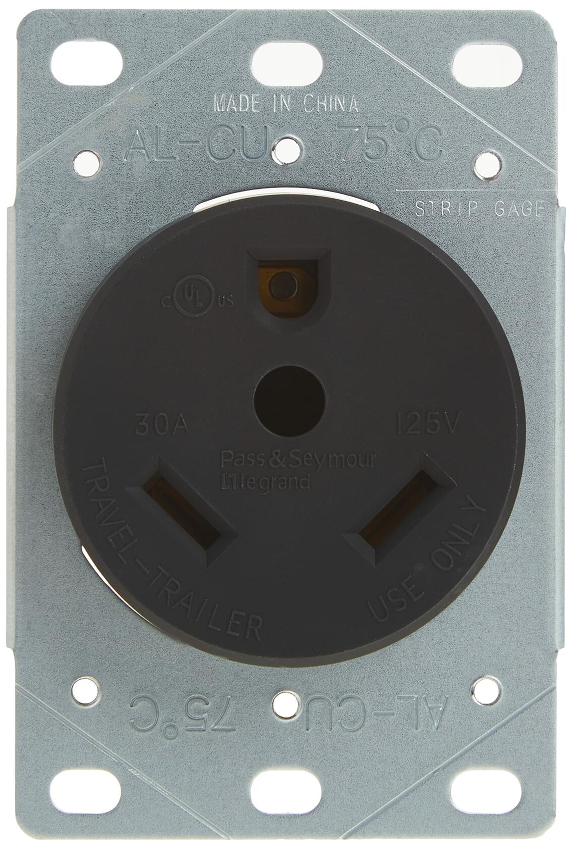 Legrand Pass & Seymour 3830CC6 30 Amp 125V 2 Pole 3 Wire Travel Trailer Power Outlet Flush Receptacle for RV, NEMA TT30, Black (1 Count)