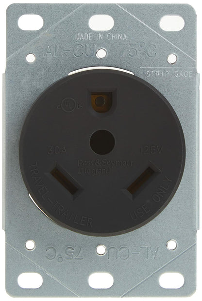 Legrand Pass & Seymour 3830CC6 30 Amp 125V 2 Pole 3 Wire Travel Trailer Power Outlet Flush Receptacle for RV, NEMA TT30, Black (1 Count)