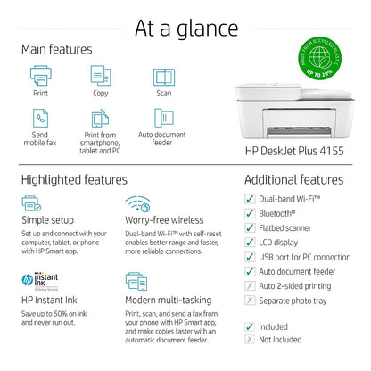 HP DeskJet Plus 4155 Wireless All-in-One Printer, Mobile Print, Scan & Copy, HP Instant Ink Ready, Auto Document Feeder, Works with Alexa (3XV13A)