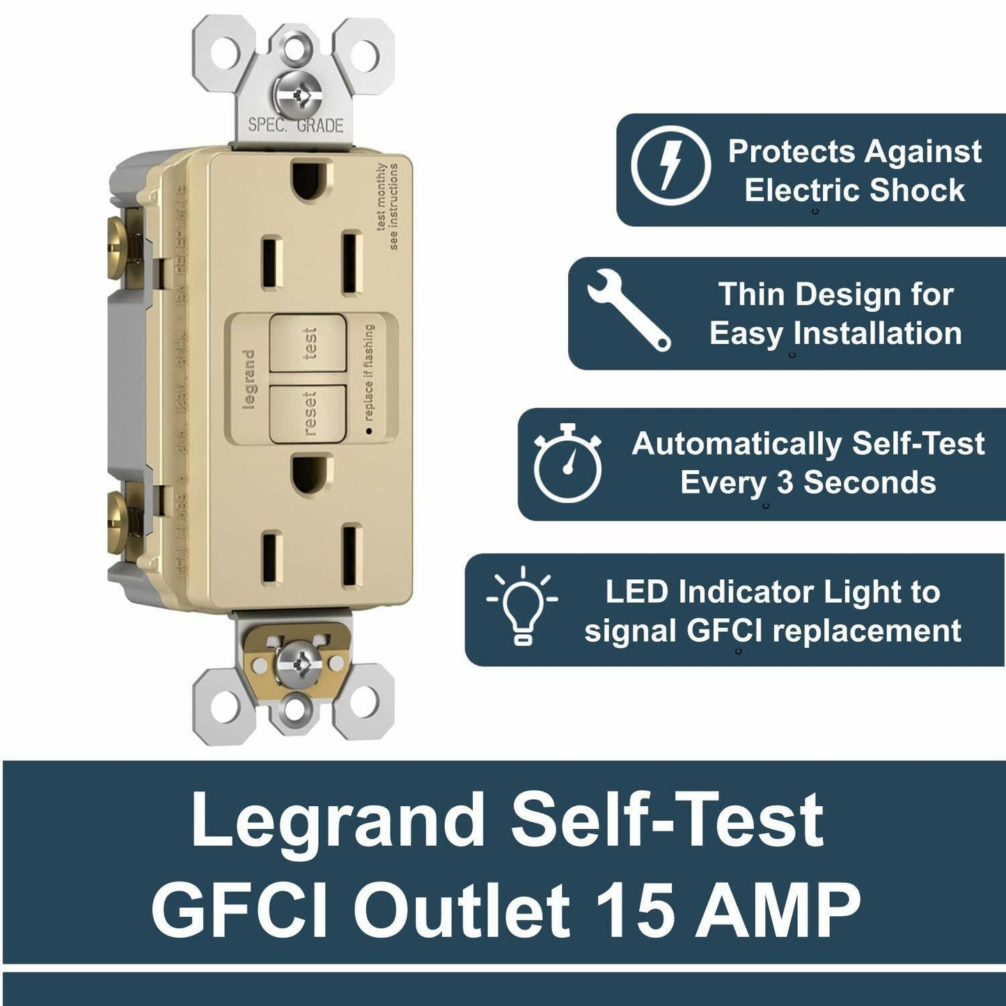 Legrand radiant 1597TRICCD4 15 Amp GFCI Self Test Tamper Resistant Decorator Duplex Outlet, Ivory (1 Count)