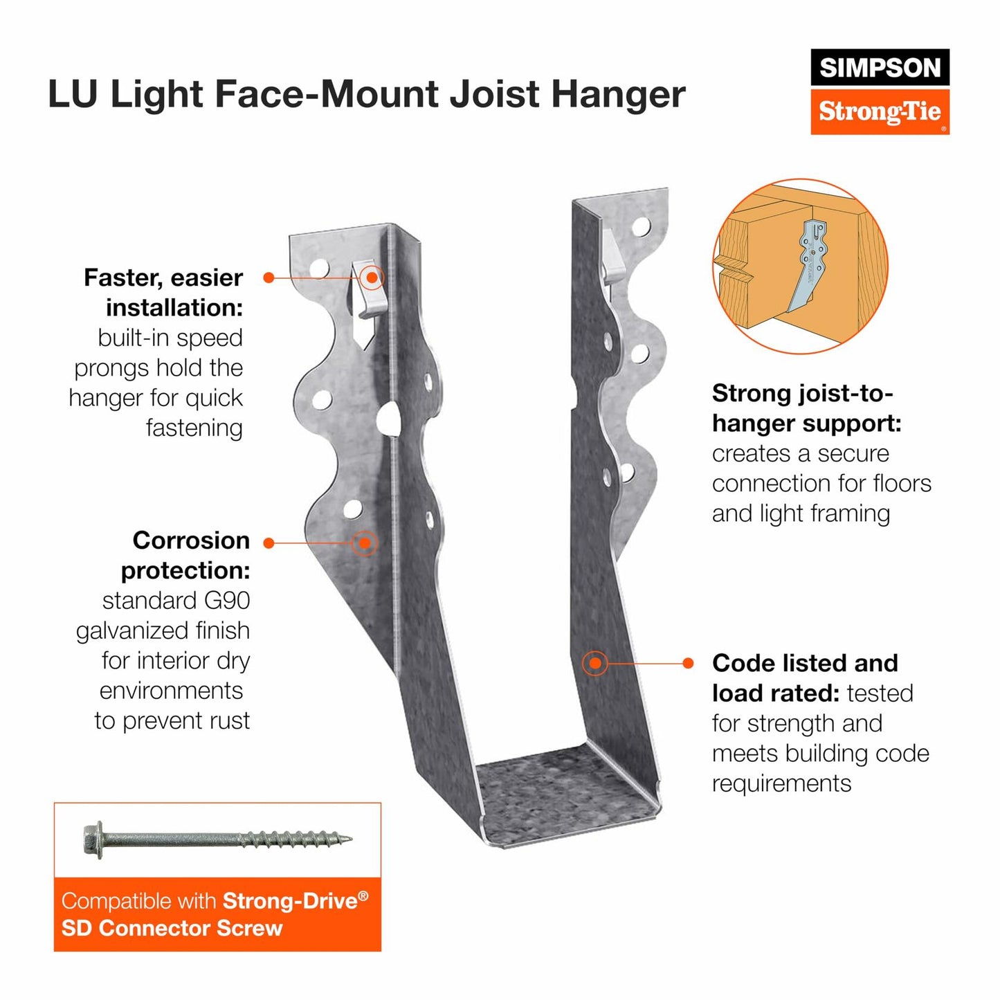 Simpson Strong-Tie LU26 Light Face-Mount Joist Hanger - Wood Construction Connectors, 20 Gauge Galvanized Steel Brackets, Hurricane Rafter Ties, 2x6
