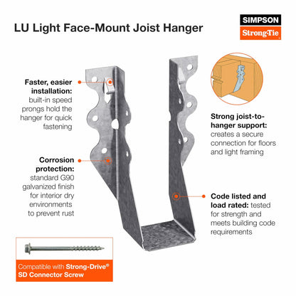 Simpson Strong-Tie LU26 Light Face-Mount Joist Hanger - Wood Construction Connectors, 20 Gauge Galvanized Steel Brackets, Hurricane Rafter Ties, 2x6