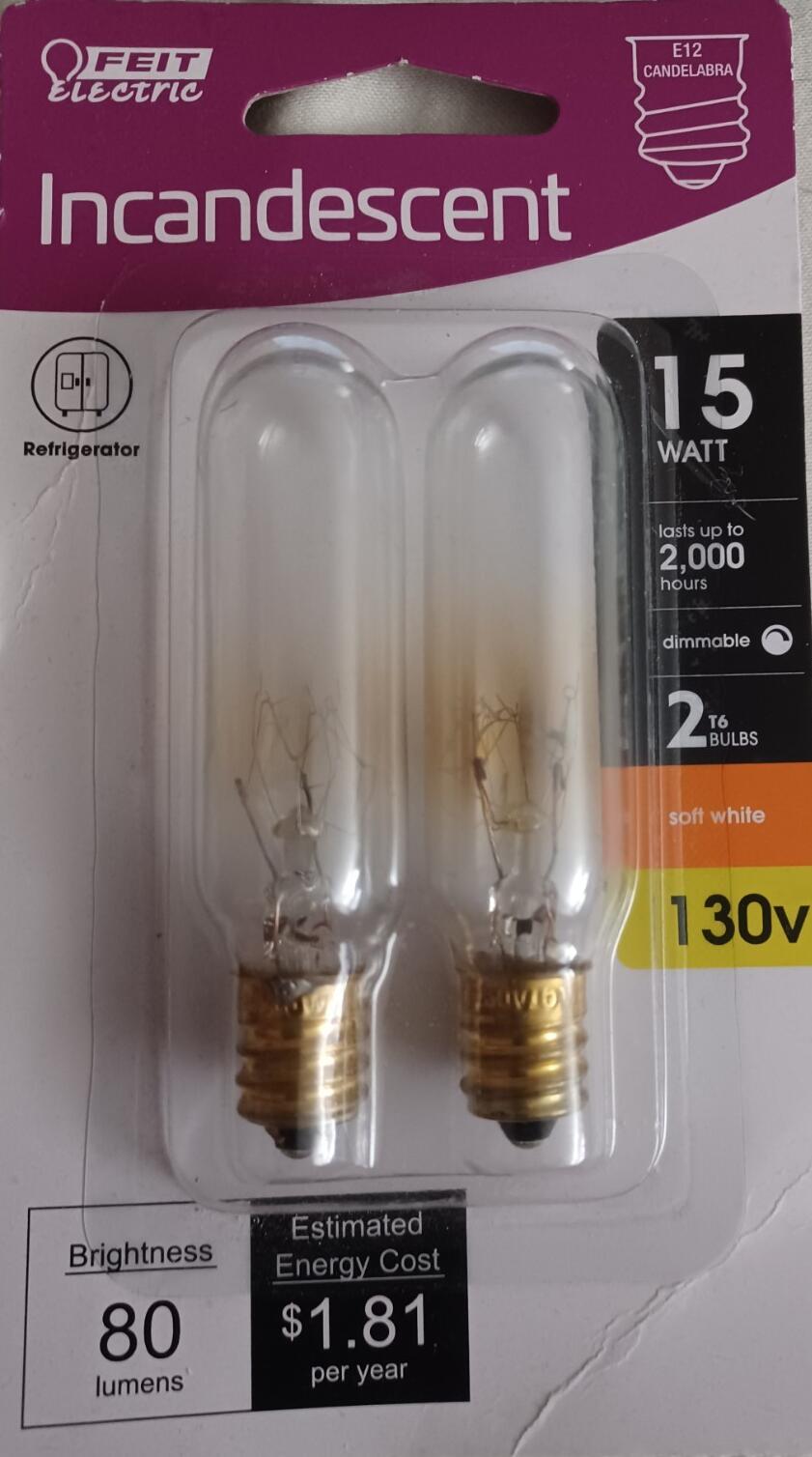 Feit Electric 15-Watt T6 Dimmable Candelabra E12 Base Incandescent Appliance Light Bulb, Soft White 2700K (2-Pack) BP15T6/2-130/HDRP