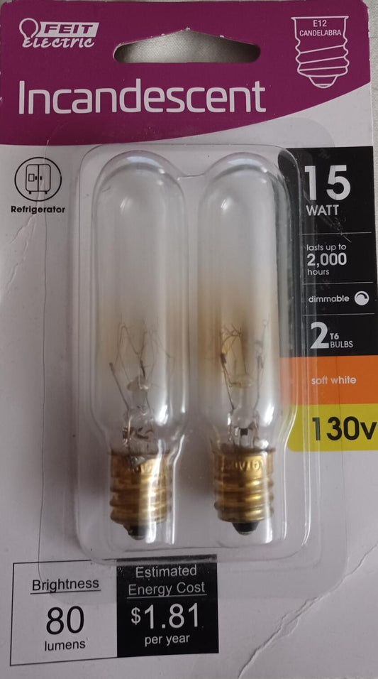 Feit Electric 15-Watt T6 Dimmable Candelabra E12 Base Incandescent Appliance Light Bulb, Soft White 2700K (2-Pack) BP15T6/2-130/HDRP