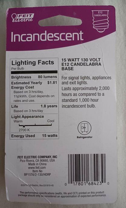 Feit Electric 15-Watt T6 Dimmable Candelabra E12 Base Incandescent Appliance Light Bulb, Soft White 2700K (2-Pack) BP15T6/2-130/HDRP