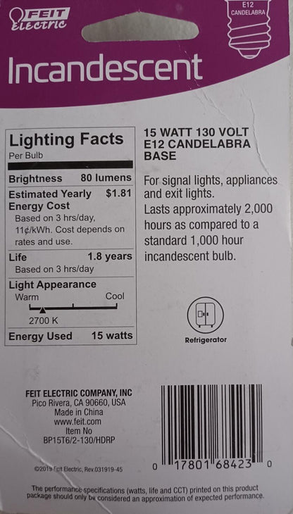 Feit Electric 15-Watt T6 Dimmable Candelabra E12 Base Incandescent Appliance Light Bulb, Soft White 2700K (2-Pack) BP15T6/2-130/HDRP
