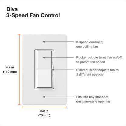 Lutron Diva 3-Speed Fan Control, Single-Pole/3-Way, DVFSQ-F-WH, White