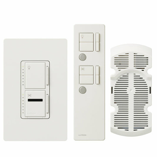 Lutron Maestro IR Fan Control and Light Dimmer for Incandescent and Halogen Bulbs, with IR Remote Control and Wallplate, Single-Pole or Multi-Location, MIR-LFQMT-WH, White