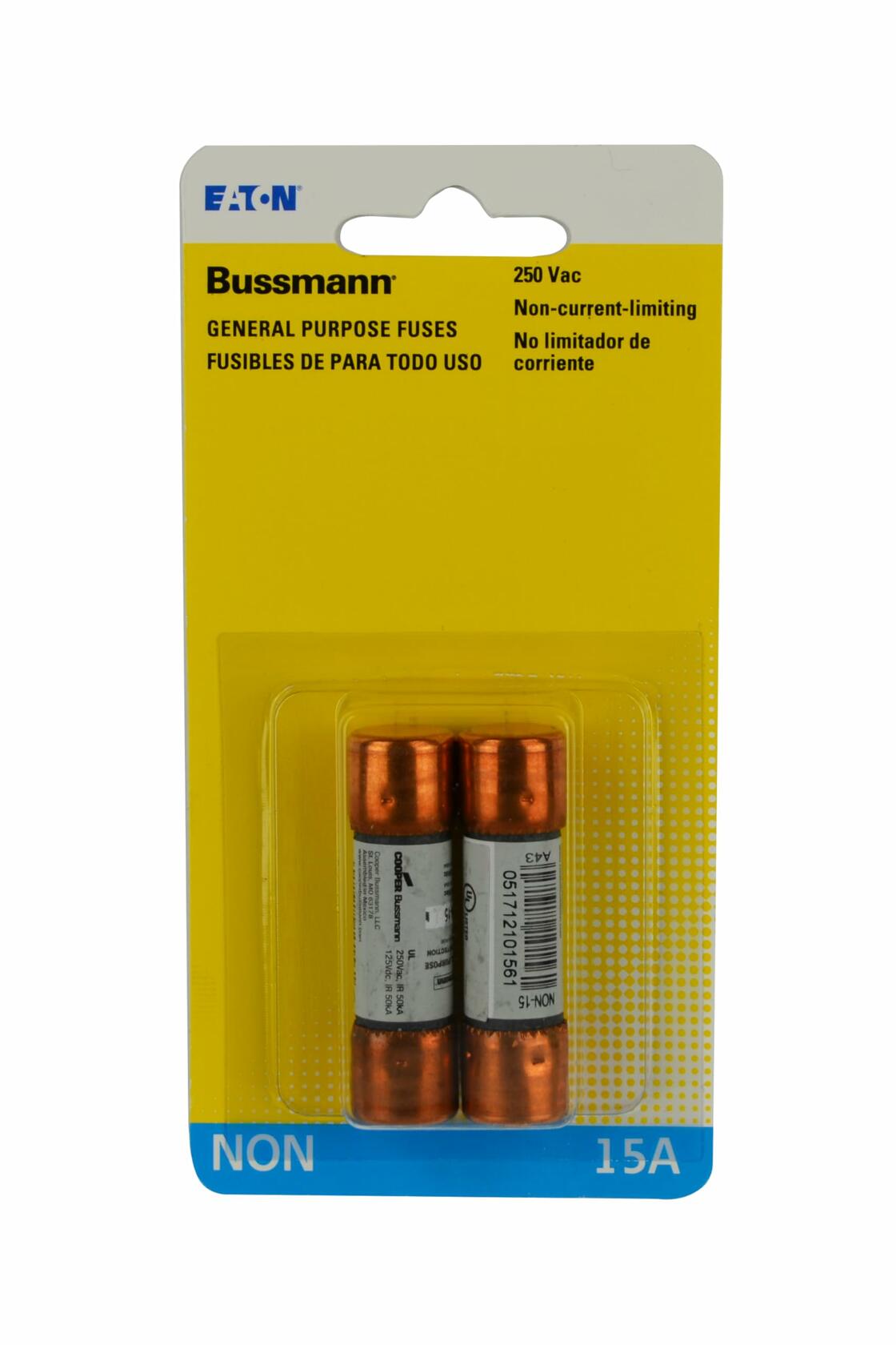 Eaton Bussmann series NON 15 Amp, 250 Vac and IR 50 kA /125 Vdc and IR 50 kA, Retail Pack - 2 Pieces