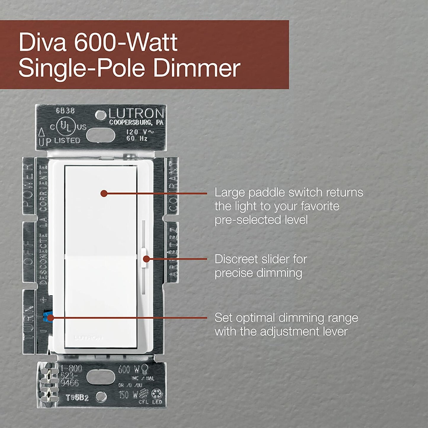 Lutron Diva Dimmer Switch for Incandescent Bulbs, 600-Watt/Single-Pole, DV-600P-WH, White