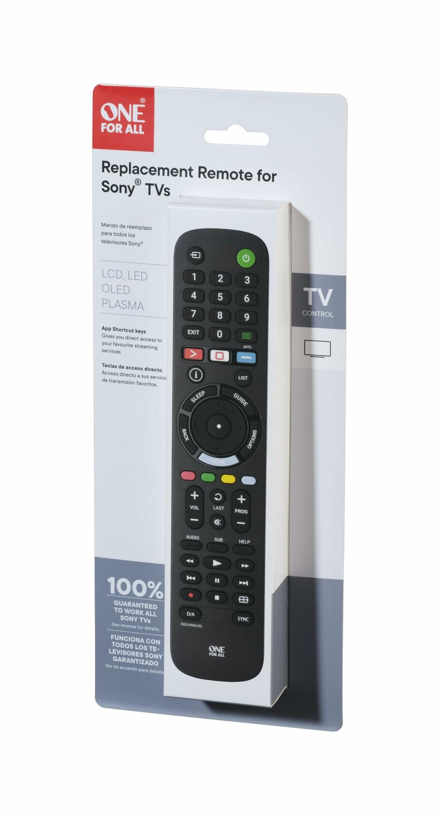 One For All TV Replacement Remote Compatible with Sony TVs Only (LCD, LED, OLED, Plasma) - Ideal Replacement Remote Control with Same Functions as The Original Remote, Black, Model URC4812
