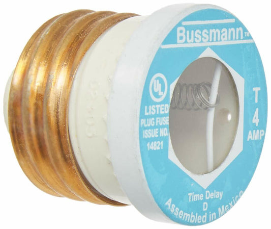 Bussmann T-4 4 Amp Type T Time-Delay Dual-Element Edison Base Plug Fuse, 125V UL Listed, 4-Pack
