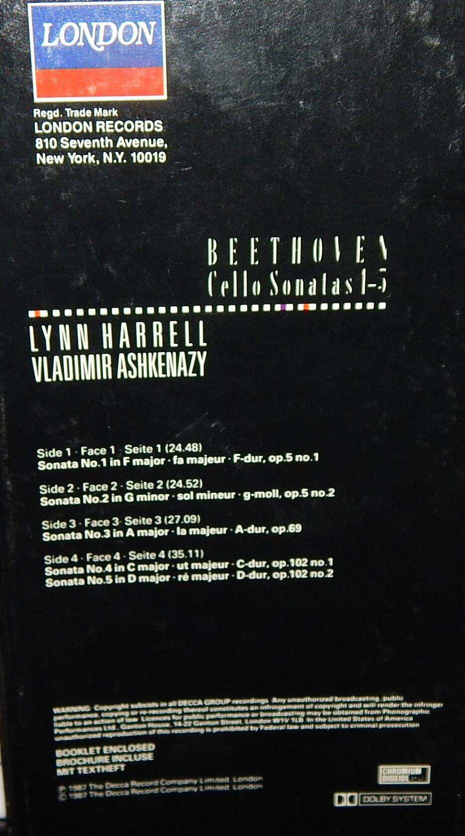Beethoven:5 Cello Sonatas [Audio Cassette] Harrell and Ashkenazy