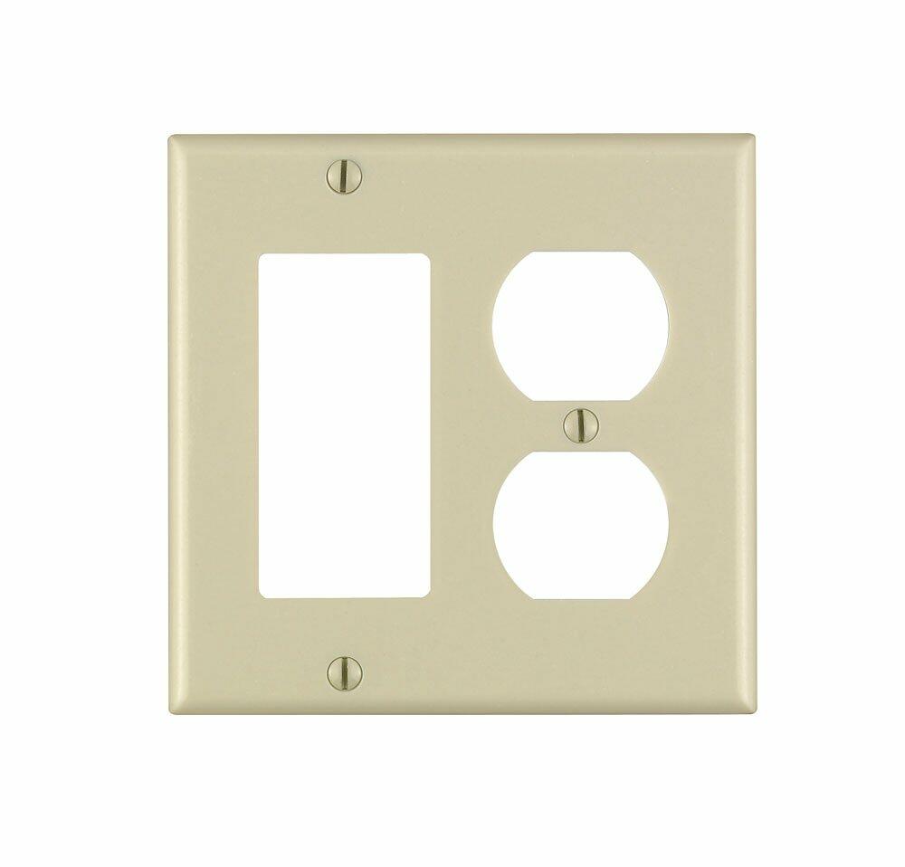 Leviton 2-Gang 1-Duplex 1-Decora/GFCI Device Combination Wallplate, Standard Size, Thermoset, Device Mount, 80455-I, Ivory