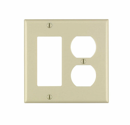 Leviton 2-Gang 1-Duplex 1-Decora/GFCI Device Combination Wallplate, Standard Size, Thermoset, Device Mount, 80455-I, Ivory