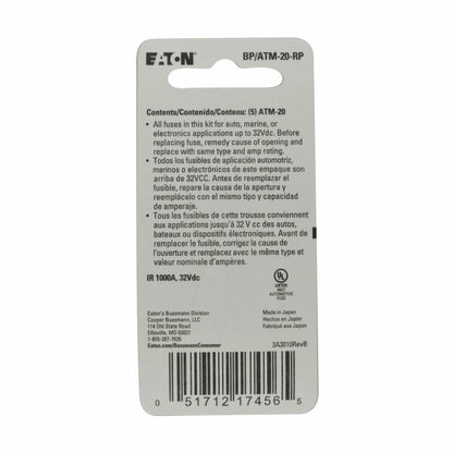 Bussmann - BP/ATM-20-RP 0408.1332 BP/ATM-20 20 Amp Fast Acting Mini-Fuse,Yellow