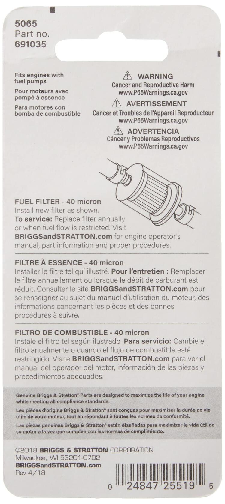 Briggs & Stratton 691035 40 Micron Fuel Filter 5065K