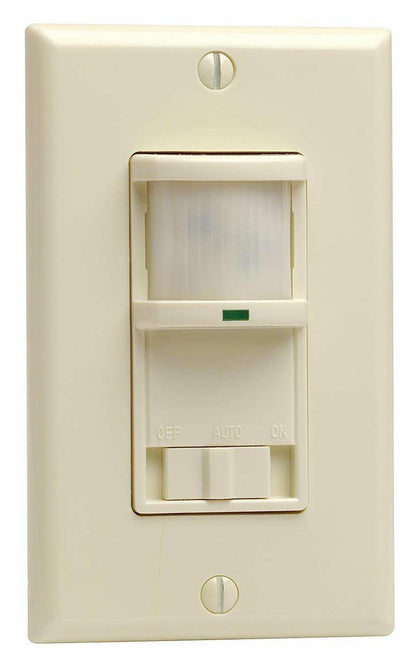 Leviton PR180-1LA Decora 500W Incandescent, 400VA, Passive Infrared Wall Switch Occupancy Sensor, Single Pole and 3-Way, Almond