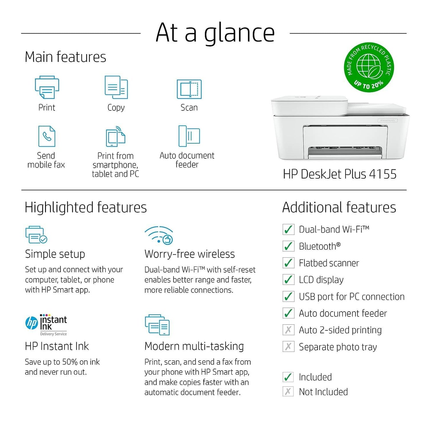 HP DeskJet Plus 4155 Wireless All-in-One Printer, Mobile Print, Scan & Copy, Instant Ink Ready, Auto Document Feeder, Works with Alexa (3XV13A)