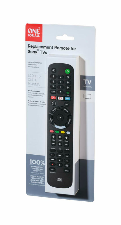 One For All TV Replacement Remote Compatible with Sony TVs Only (LCD, LED, OLED, Plasma) - Ideal Replacement Remote Control with Same Functions as The Original Remote, Black, Model URC4812