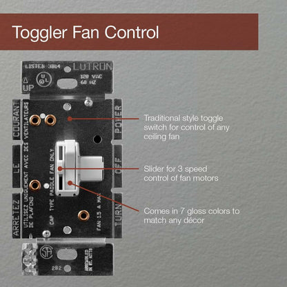 Lutron Toggler Quiet 3-Speed Slide-To-Off Fan Control, 1.5-Amp, Single-Pole/3-Way, AYFSQ-F-IV, Ivory