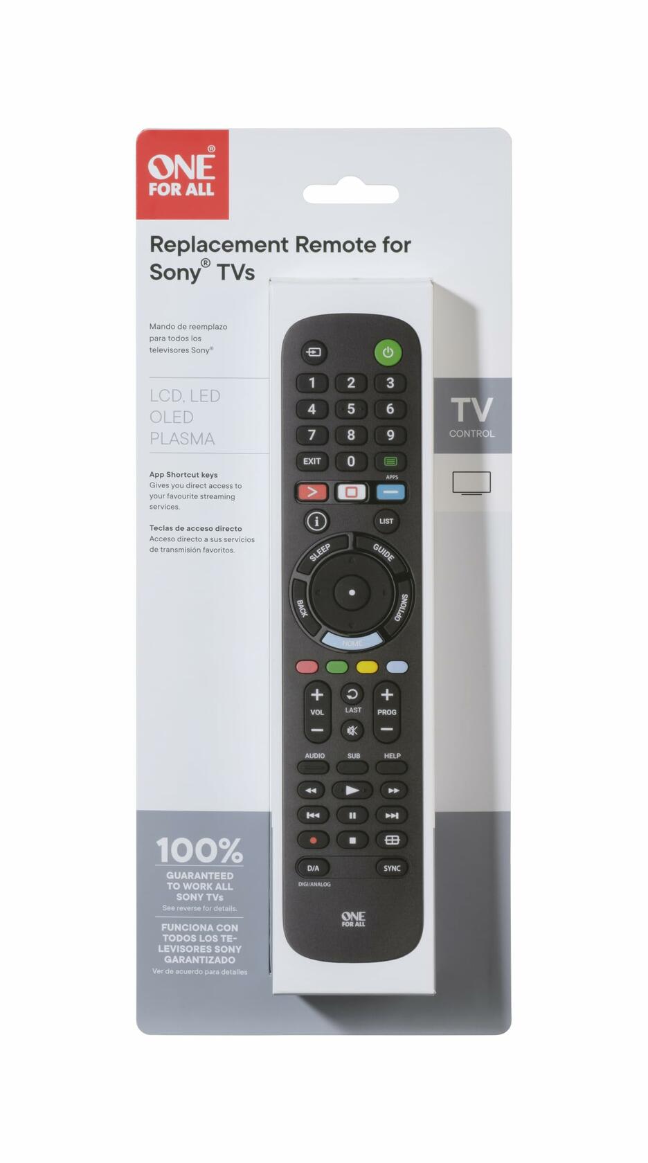 One For All TV Replacement Remote Compatible with Sony TVs Only (LCD, LED, OLED, Plasma) - Ideal Replacement Remote Control with Same Functions as The Original Remote, Black, Model URC4812